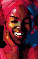 AI generated illustration of a joyful African woman in a colorful geometric art style