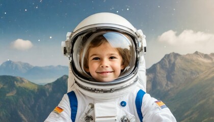 A little boy wearing a spacesuit, astronaut uniform, smiling in a helmet