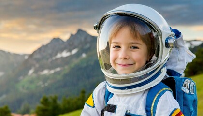 A little boy wearing a spacesuit, astronaut uniform, smiling in a helmet
