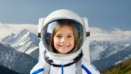 A little girl wearing a space suit, astronaut uniform, smiling