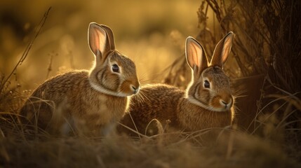 Obraz premium AI generated illustration of two brown rabbits standing in a tall grassy meadow