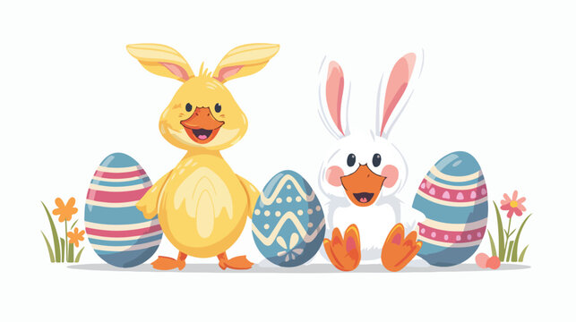 Cartoon happy duck and bunny with colourful Easter eg