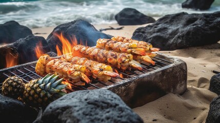 AI generated illustration of seafood grilling on the outdoor grill at the beach