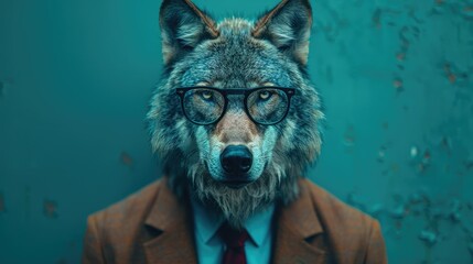 portrait of a business man with a wolf head in suit, trading and stock investment concept