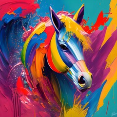 a AI generated illustration of a multicolor horse portrait in oil painting style
