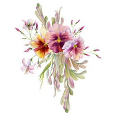 Hand drawn watercolor illustration botanical flowers leaves. Pansy viola, locust indigo branch, pink lobelia jasmine, willow eucalyptus. Bouquet isolated white background. Design wedding, love cards