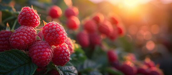 Ripe juicy raspberries in the garden close up. Healthy food, sweet dessert. Red berries. Sun light on background. - obrazy, fototapety, plakaty
