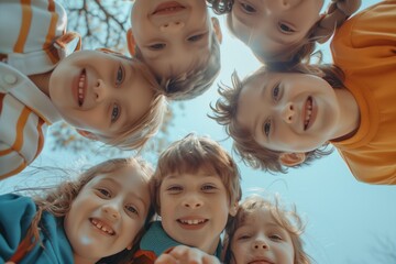 A group of smiling kids gathers together, looking directly at the viewer with joy and innocence.