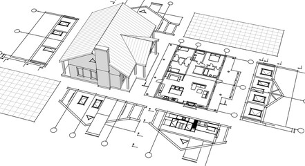 house architectural project sketch 3d illustration	
