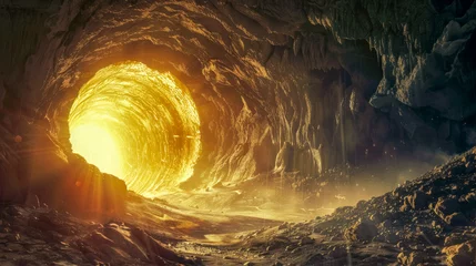 Gordijnen Majestic cave entrance illuminated by sunlight © edojob