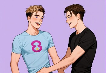 Fototapeta premium Two animated male characters smiling and interacting, embodying friendship or brotherhood, suitable for themes like International Day of Friendship