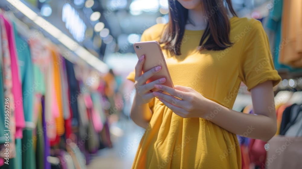 Wall mural Woman using smartphone for checking price or shopping online at clothing store.