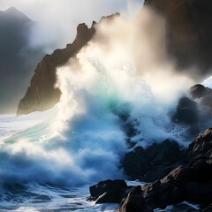AI generated image of water waves breaking rocky beach