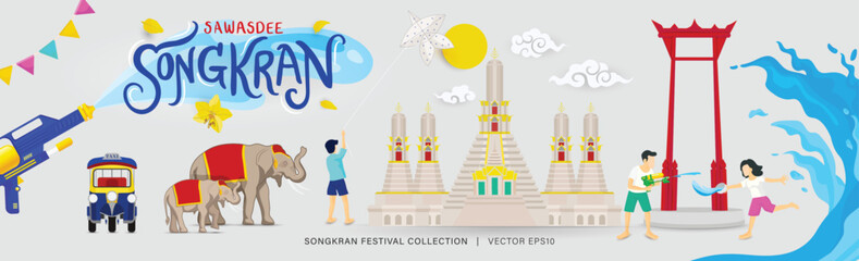 Songkran festival banner background with set of Thailand cultural decoration elements and splashing water corner design