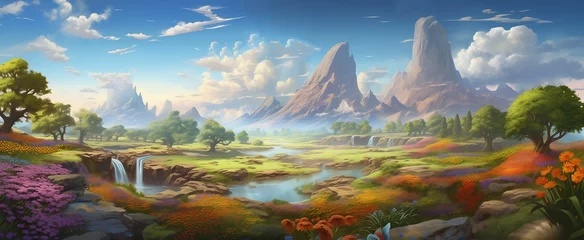 Rolgordijnen AI generated illustration of an oil painting-style landscape with trees, bushes, and mountains © Wirestock