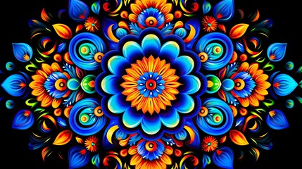 AI generated illustration of a vibrant colorful flower mandala pattern on the black background