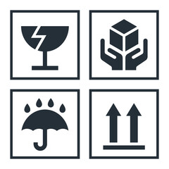 Fragile. Handle with care. Keep away from water. This side up. Packaging symbols. Vector icon set. - 779557281