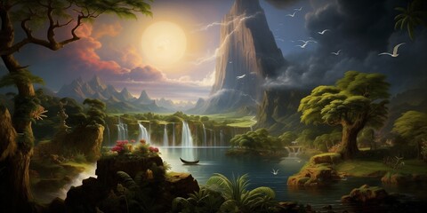 AI generated illustration of a fantasy island with cascading waterfalls and majestic mountains - obrazy, fototapety, plakaty