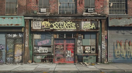 Fototapeta premium front view, facades, boarded windows, broken windows, graffiti
