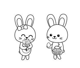 Coloring page Easter rabbits with flowers and eggs. Black and white bunny. Vector.