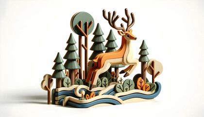 3d flat icon as Forest Frolic A deer prances in the forest embodying the spirit of the wild. in Pet Behavior theme with isolated white background ,Full depth of field, high quality ,include copy space
