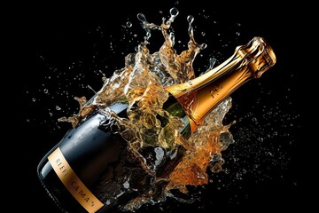AI generated illustration of a bottle of champagne exploding on the black background