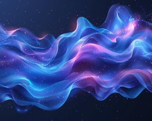 Abstract background featuring blue and purple liquid wavy shapes, imbued with a futuristic aesthetic. Glowing retro waves add an extra layer of intrigue to the composition - obrazy, fototapety, plakaty