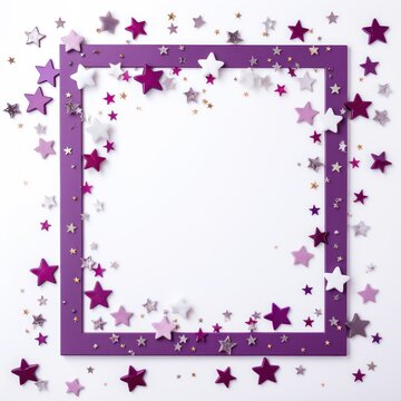 violet stars frame border with blank space in the middle on white background festive concept celebrations backdrop with copy space for text photo or presentation