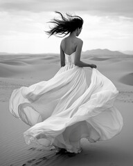 Fototapeta na wymiar Dark-haired woman in a white dress walking in a desert. AI-generated.