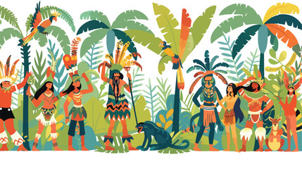 Cartoon indians in the forest. Tropical Rainforest wi - obrazy, fototapety, plakaty