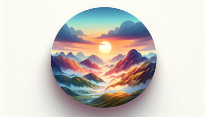 3d flat icon as Highland Hues A watercolor dawn breaking over misty highlands. in nature and landscapes theme with isolated white background ,for advertisement and banner, Full depth of field, high qu