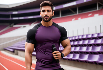 Fit young male athlete wearing a purple sports shirt and holding a water bottle at a track field, representing health, fitness, and National Physical Fitness and Sports Month