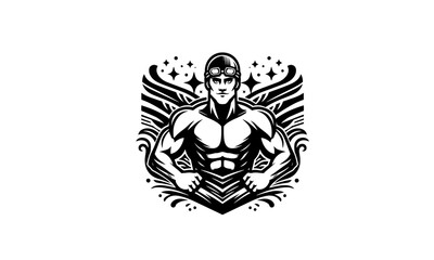 muscular swimmer mascot logo icon in black and white ,muscular swimmer mascot logo desgin