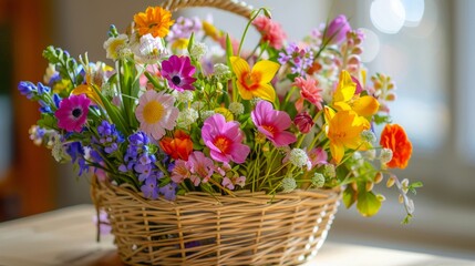 Obraz na płótnie Canvas Basket of mixed spring flowers, bright morning light, closeup, vibrant celebration, festive mood, copyspace for text