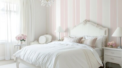 Fototapeta na wymiar chic bedroom with one accent wall painted in soft pink and white stripes, complemented by minimalist white furniture and plush bedding