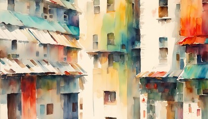 Fototapeta premium Abstract watercolor painting of urban buildings with a vibrant color palette, suitable for topics on art, creativity, and World Watercolor Month