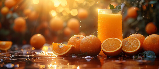 Fresh orange juice glass. Ripe oranges and orange garden on background. Healthy food theme.