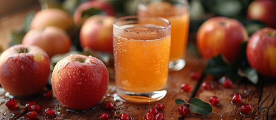 Fresh apple juice glass. Ripe apples on background. Healthy food theme.

