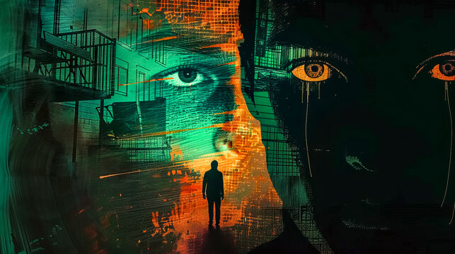 Abstract digital art depicting a figure with imposing eyes overlaid, symbolizing surveillance