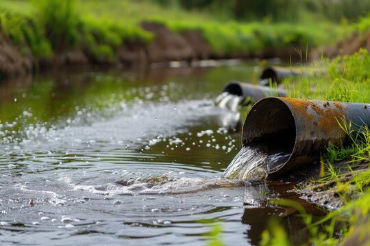 Sewage Pipe dumping contaminated water into River - Environment Contamination Concept