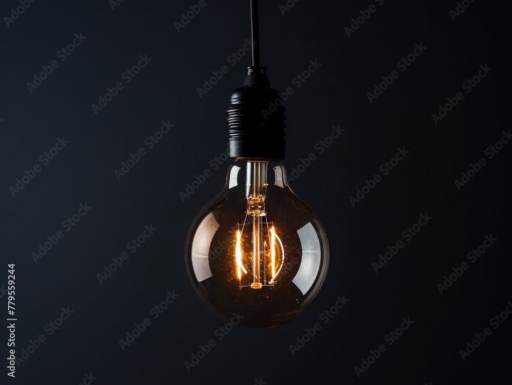 Aufkleber single light bulb on black background. bright bare bulb with cord and copy space for basic concept. 