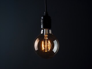 Single Light Bulb on Black Background. Bright Bare Bulb with Cord and Copy Space for Basic Concept. Closeup of Electric Cable