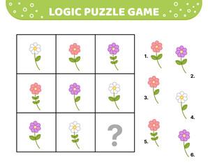 Logic puzzle game. Chamomile. Summer flowers. For kids. Cartoon
