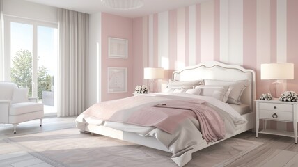chic bedroom with one accent wall painted in soft pink and white stripes, complemented by minimalist white furniture and plush bedding