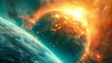 Fiery cosmic cataclysm engulfing planet earth