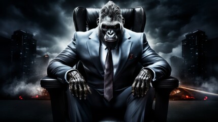 Fototapeta na wymiar A gorilla in a full-length business suit exudes authority and elegance, set against a dark, mysterious backdrop for a commanding portrait, Futuristic