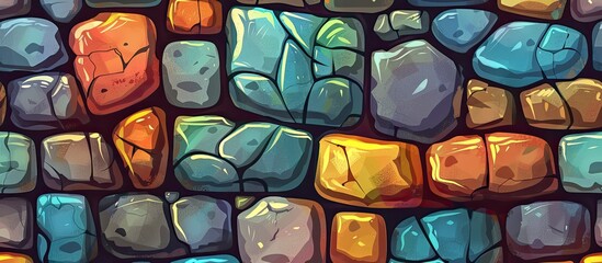 A vibrant cartoon illustration of a symmetrical stone wall with colorful stained glass windows. The pattern and electric blue accents create a unique art fixture for any event