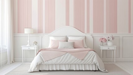 Fototapeta na wymiar chic bedroom with one accent wall painted in soft pink and white stripes, complemented by minimalist white furniture and plush bedding