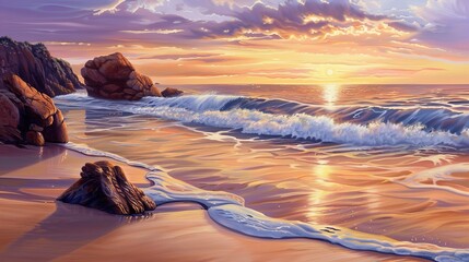 A tranquil coastal scene with waves gently lapping against smooth rocks on a secluded beach at sunset, painting the sky in warm hues.