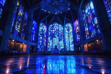 Stunning Blue Stained Glass Church Windows in Vintage Architecture Interior View at Church  - obrazy, fototapety, plakaty